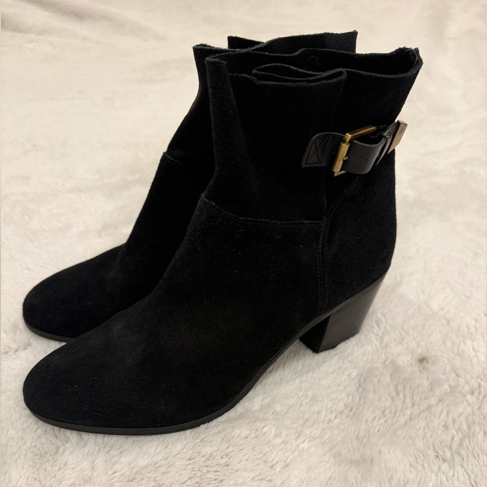 Franco Sarto Monument Black Suede Buckle Ankle Boots Size 10